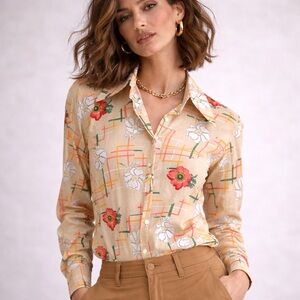 Vintage 70s St Michael Mod Floral Geometric Button Down Dagger Collar Sz 14